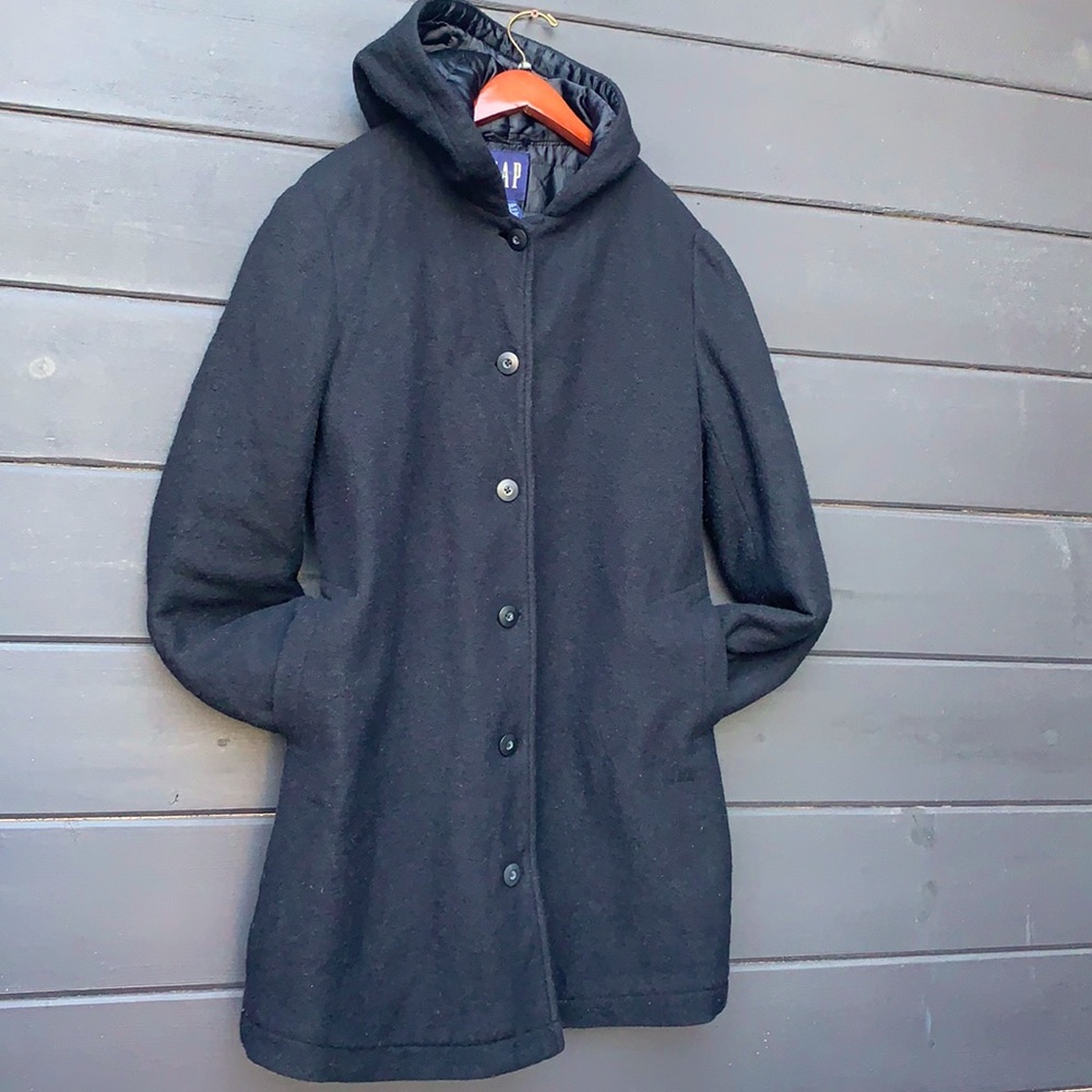 Gap Women Hooded Black Long Coat Size M